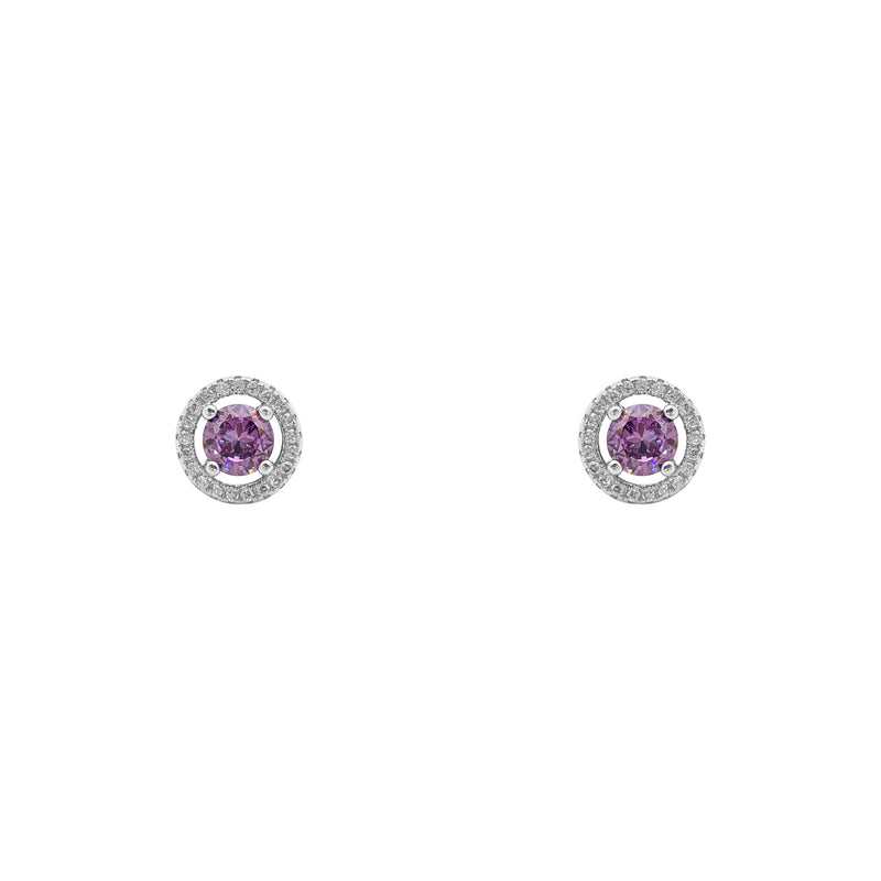 Purple Stone Round-Cut Halo Stud Earrings (Silver) front - Popular Jewelry - New York