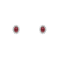 Red Stone Oval-Cut Halo Stud Earrings (Silver) front - Popular Jewelry - New York