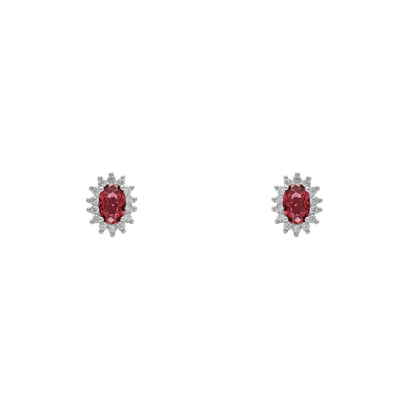 Red Stone Oval-Cut Halo Stud Earrings (Silver) front - Popular Jewelry - New York