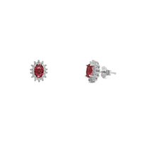 Red Stone Oval-Cut Halo Stud Earrings (Silver) main - Popular Jewelry - New York