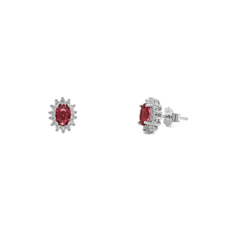 Red Stone Oval-Cut Halo Stud Earrings (Silver) main - Popular Jewelry - New York