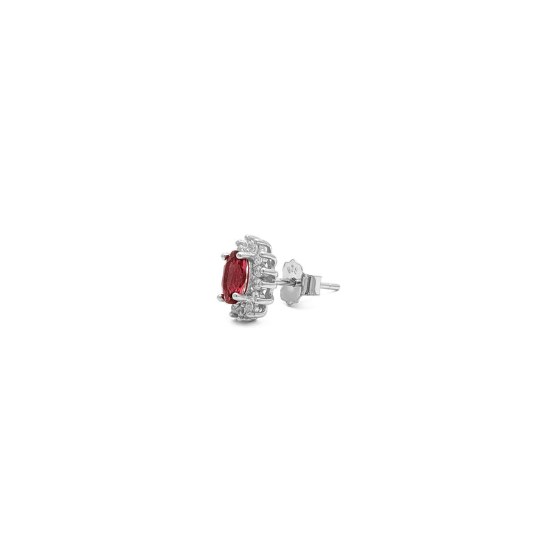 Red Stone Oval-Cut Halo Stud Earrings (Silver) side - Popular Jewelry - New York