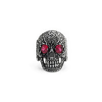 Antique Finish Floral Crimson Eye Skull Ring (Silver) front - Popular Jewelry - New York