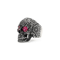 Antique Finish Floral Crimson Eye Skull Ring (Silver) right side - Popular Jewelry - New York