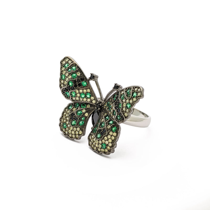 Green Spotted Butterfly Ring (Silver) side - Popular Jewelry - New York
