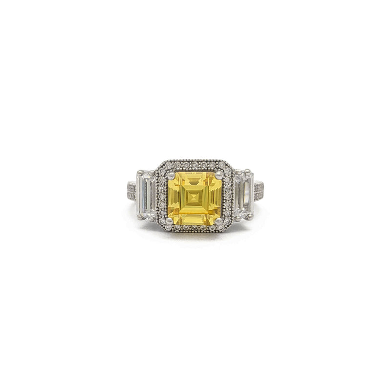 Yellow Asscher Cut Three Stone Ring (Silver) front - Popular Jewelry - New York