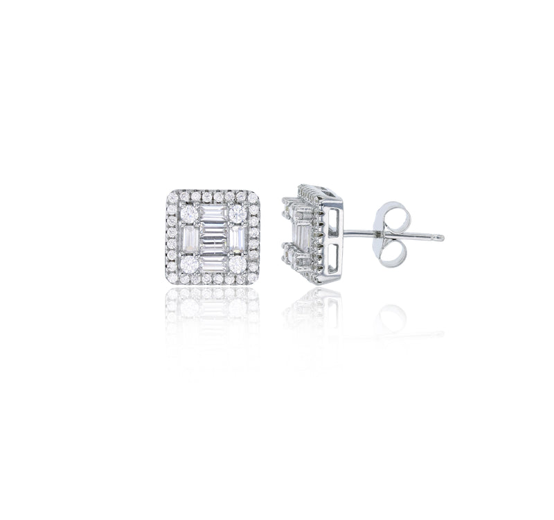 Pave Round & Baguette CZ Square Stud Earring (Silver)