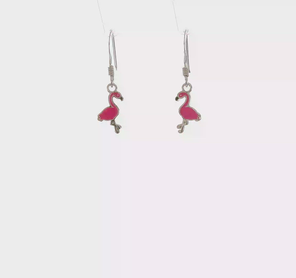 Flamingo Bird Enamel Dangle Earrings (Silver) 360 - Popular Jewelry - New York