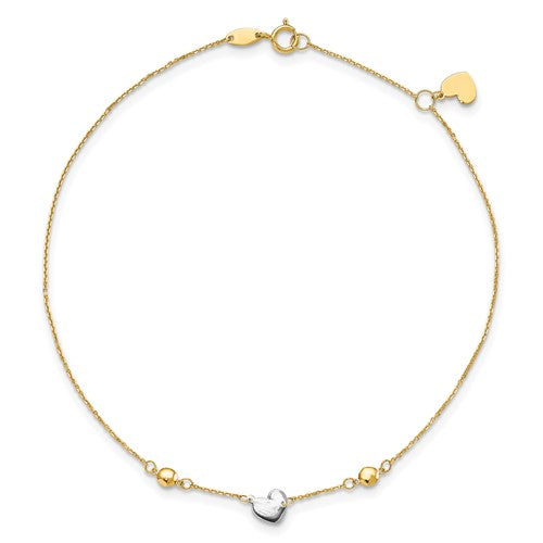Two Tone Heart and Bead Anklet Bracelet (14K)