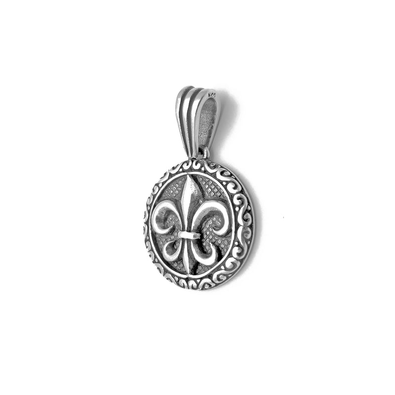 Antique-Finish Fleur de Lis Medallion Pendant (Silver) Popular Jewelry New York
