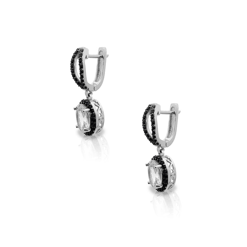 Black Stone Halo Drop Earrings (Silver) Popular Jewelry New York