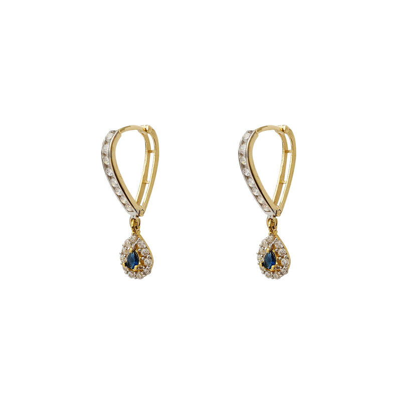 Blue Stone Pave Teardrop V-Shape Hanging Huggie Earrings (14K) Popular Jewelry New York