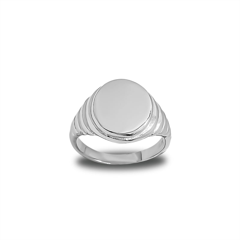 Borderless Ridged Sides Oval Signet Pinky Ring (Silver)