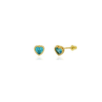 Beaded Heart Stud Aquamarine CZ Earrings (14K) 14 Karat Yellow Gold, Popular Jewelry New York