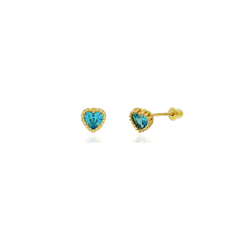 Beaded Heart Stud Aquamarine CZ Earrings (14K) 14 Karat Yellow Gold, Popular Jewelry New York