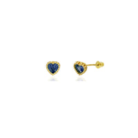 Beaded Heart Stud Blue CZ Earrings (14K) 14 Karat Yellow Gold, Popular Jewelry New York