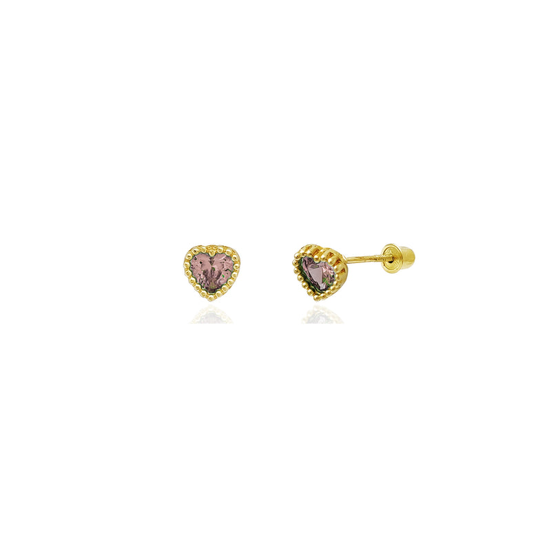 Beaded Heart Stud Pink CZ Earrings (14K) 14 Karat Yellow Gold, Popular Jewelry New York