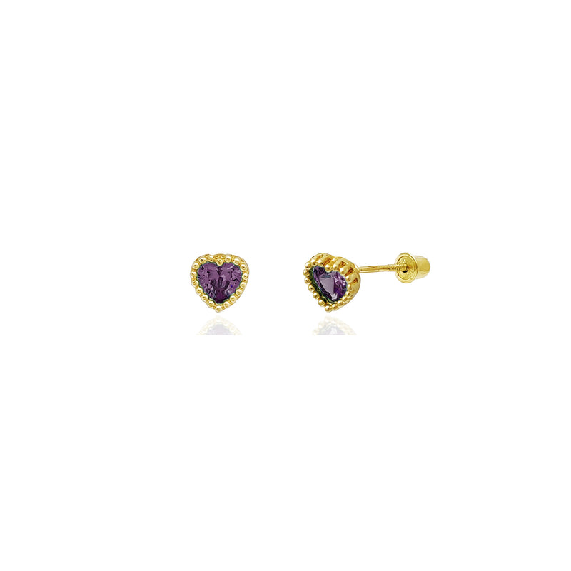 Beaded Heart Stud Purple CZ Earrings (14K) 14 Karat Yellow Gold, Popular Jewelry New York