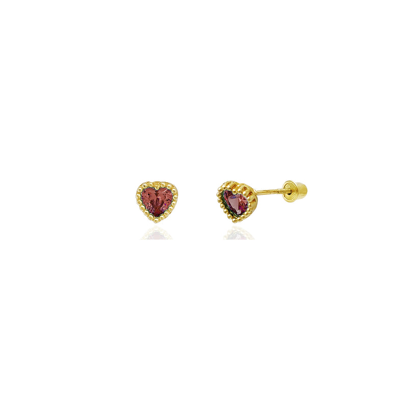 Beaded Heart Stud Red CZ Earrings (14K) 14 Karat Yellow Gold, Popular Jewelry New York