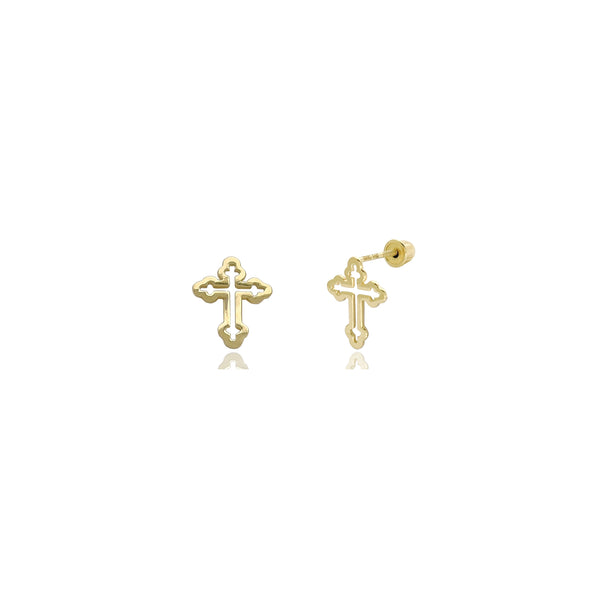 Budded Outline Cross Stud Earrings (14K) 14 Karat Yellow Gold, Popular Jewelry New York