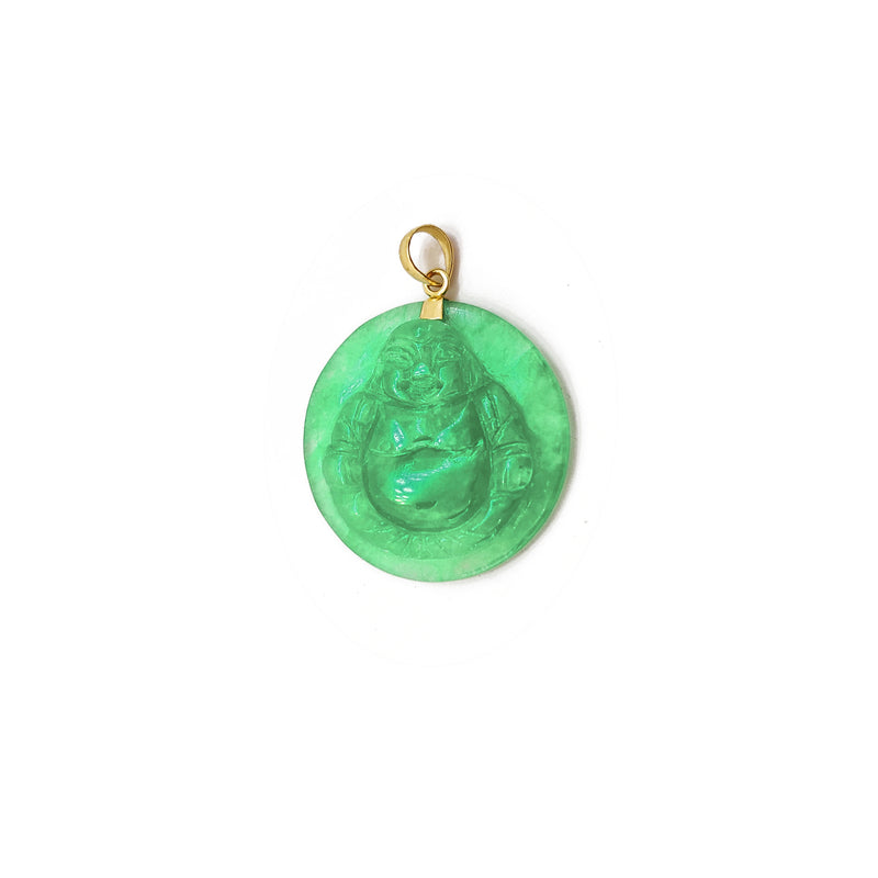 Jade Laughing Buddha Medallion Pendant (14K) 14 Karat Yellow Gold, Popular Jewelry New York