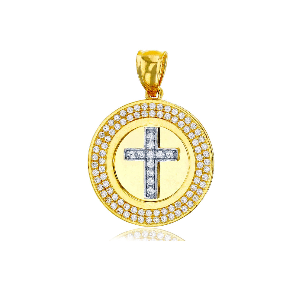 Two-Tone Micropave CZ Cross Round Pendant (14K)