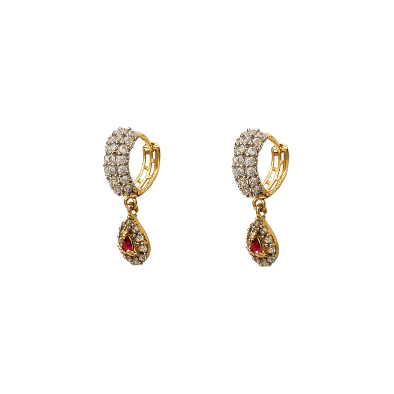Cluster Pave Red Stone Teardrop Hanging Huggie Earrings (14K) Popular Jewelry New York