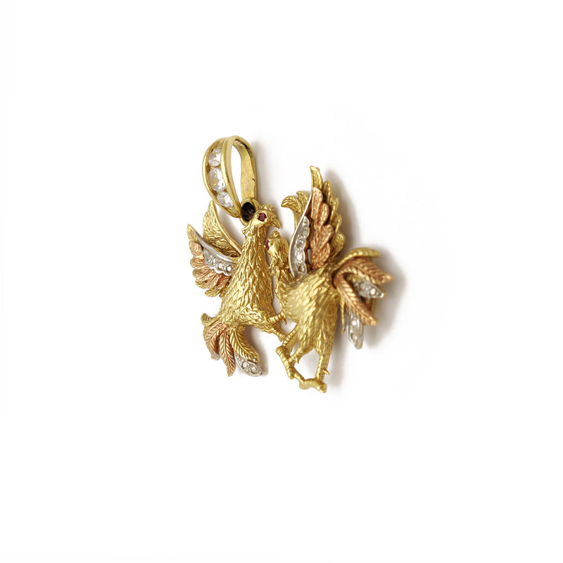 CockFighting Pendant (14K) 14 Karat Tri Tone, Yellow Gold, White Gold, Rose Gold, Animal, Popular Jewelry New York