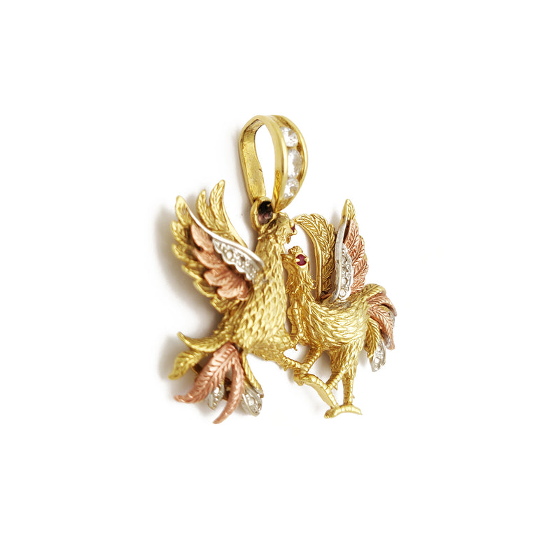 CockFighting Pendant (14K) 14 Karat Tri Tone, Yellow Gold, White Gold, Rose Gold, Animal, Popular Jewelry New York