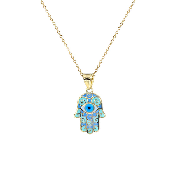 Colorful-Enameled Light Blue Evil Eye Hamsa Hand Necklace (14K) Popular Jewelry New York