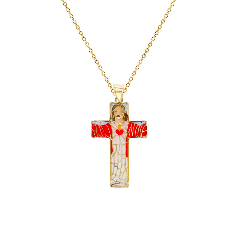 Colorful-Enameled Mosaic Jesus Cross Fancy Necklace (14K) Popular Jewelry New York