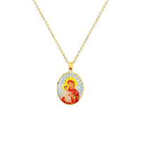 Colorful-Enameled Mosaic Virgin Mary & Baby Jesus Fancy Necklace (14K) Popular Jewelry New York