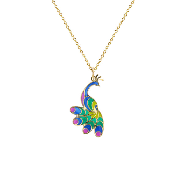 Colorful-Enameled Peacock Fancy Necklace (14K) Popular Jewelry New York