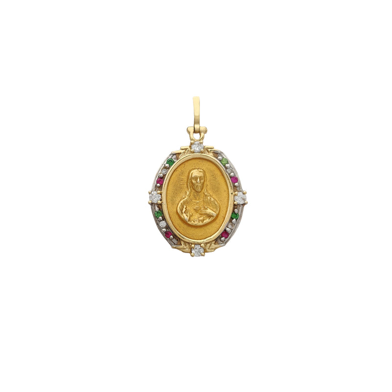 Colorful Sacred Heart Of Jesus Oval Medallion Pendant (14K) Popular Jewelry New York