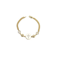 Cross Charm Wheat Link CZ Bracelet (14K).