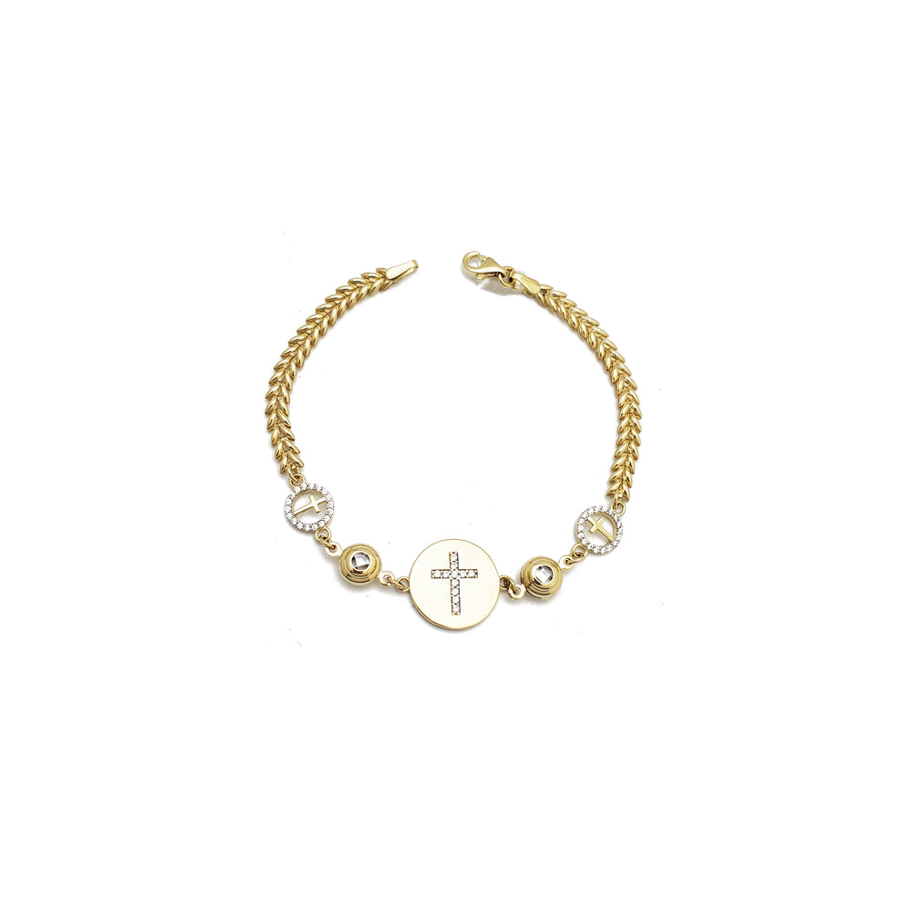 Cross Charm Wheat Link CZ Bracelet (14K).