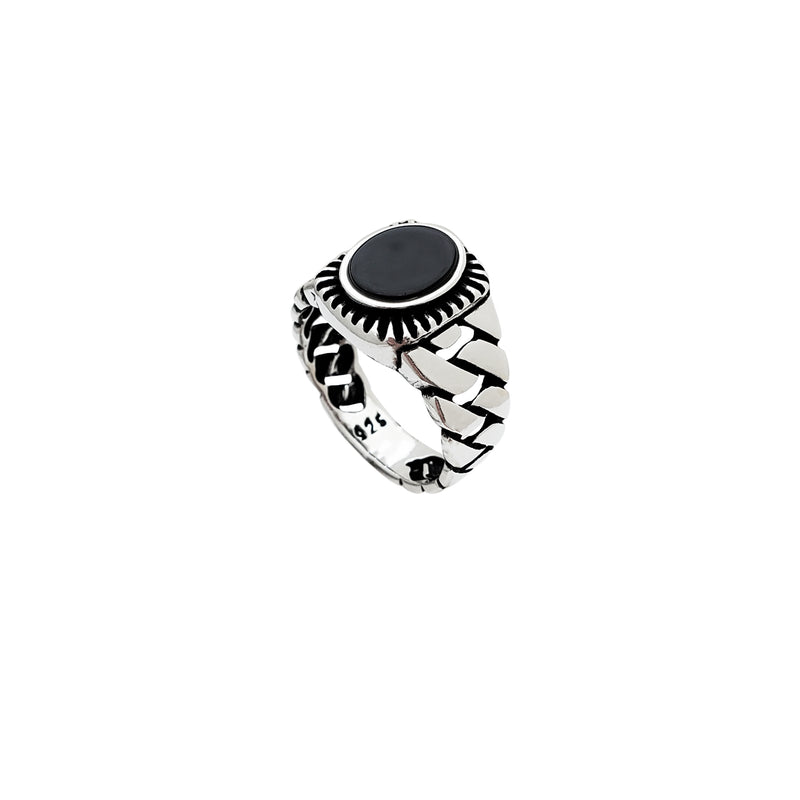 Cuban Band Black Onyx Oval Ring (Silver)