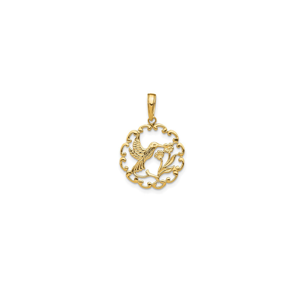 Textured Flower Frame Hummingbird Pendant  (14K)