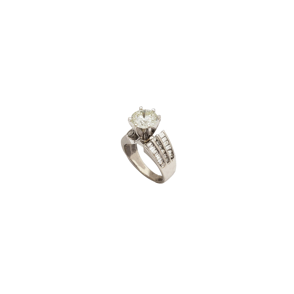 Six Prong Round and Baguette Diamond Engagement Ring (14K)