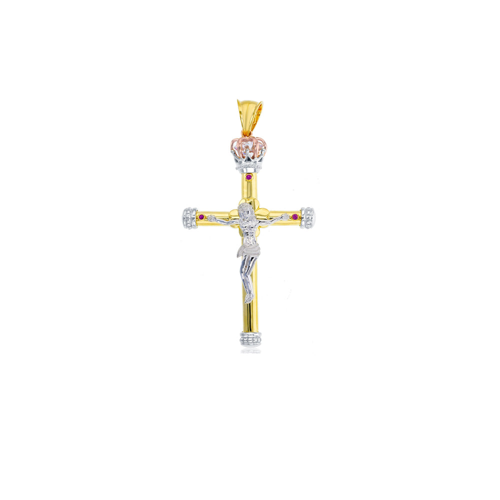 Tricolor Red CZ Jesus Cross Pendant (14K)