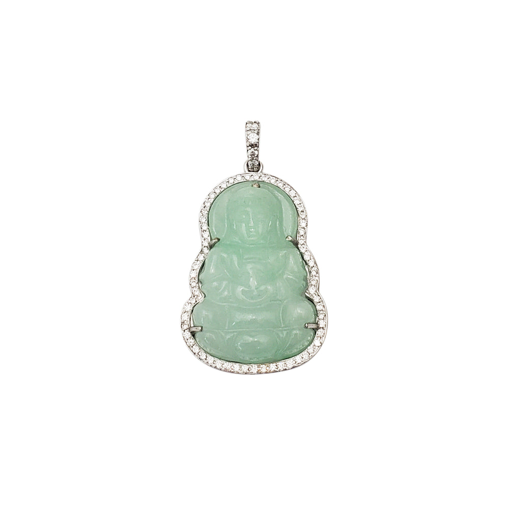 Diamond Bordered Guan Yin Jade Pendant (14K)