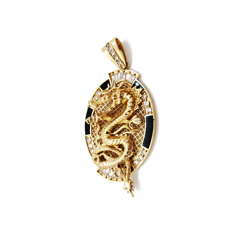 Dragon CZ and Onyx Oval Pendant (14K) Right side - Popular Jewelry - New York