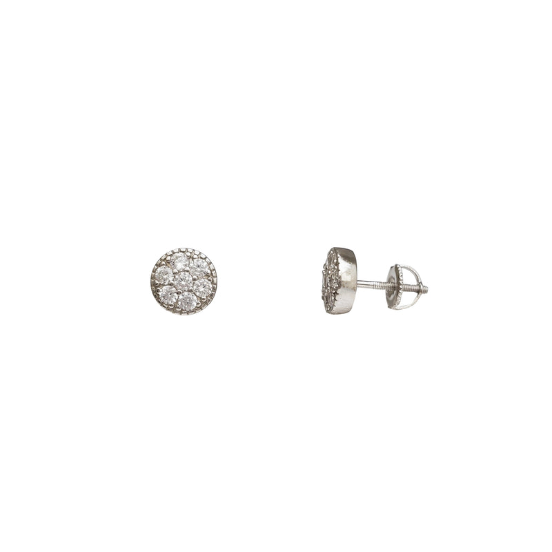 Iced-Out Textured Border Round Stud Earrings (Silver)