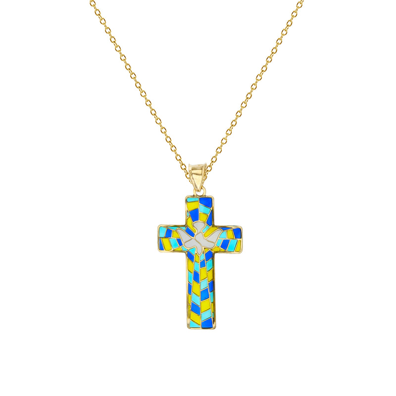 Enameled-Mosaic Dove Cross Fancy Necklace (14K) Popular Jewelry New York