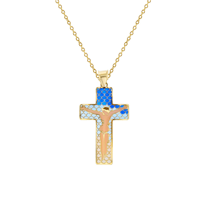 Enameled-Sky Blue Crucifix Necklace (14K)