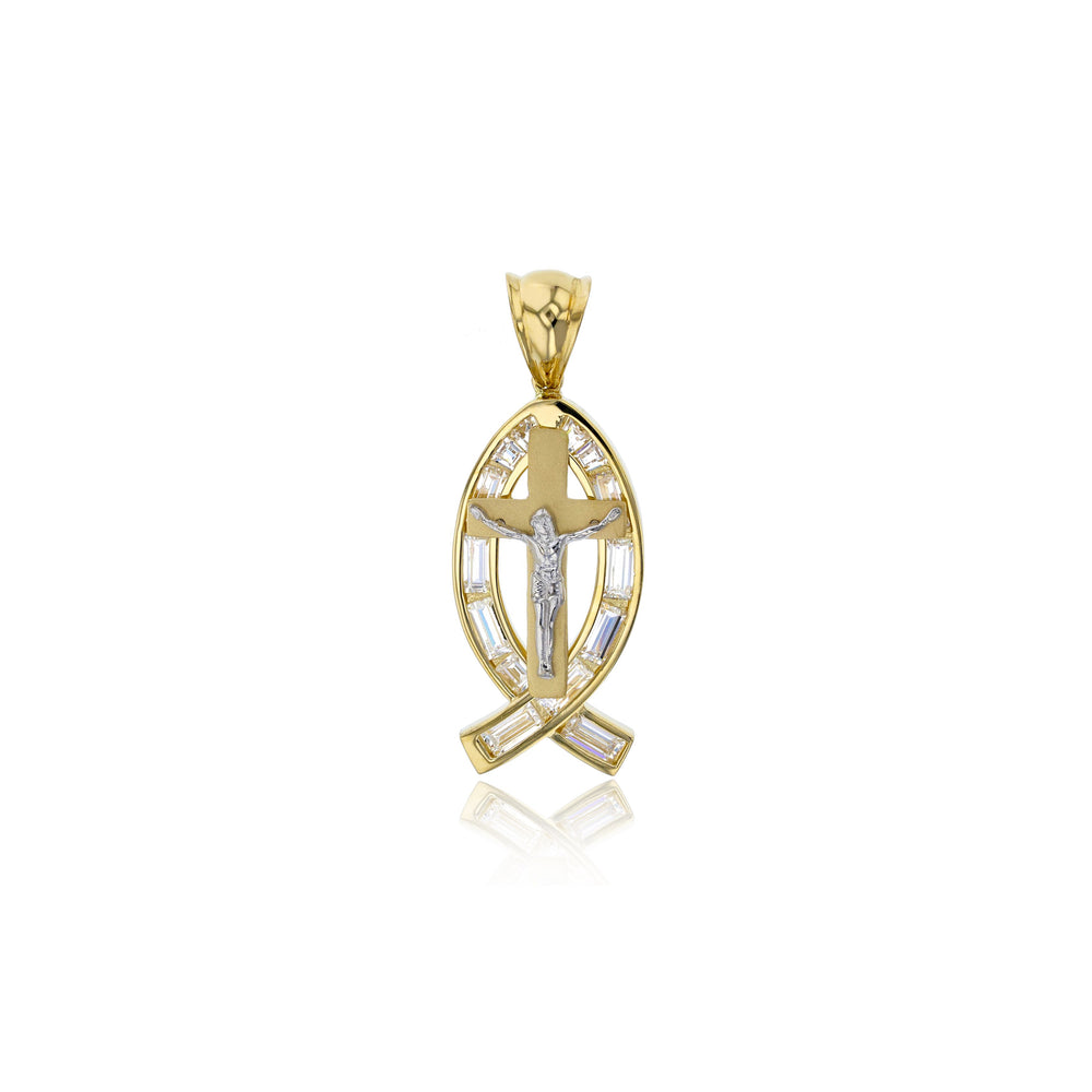 Yellow Gold CZ Jesus Fish Cross Pendant (14K)