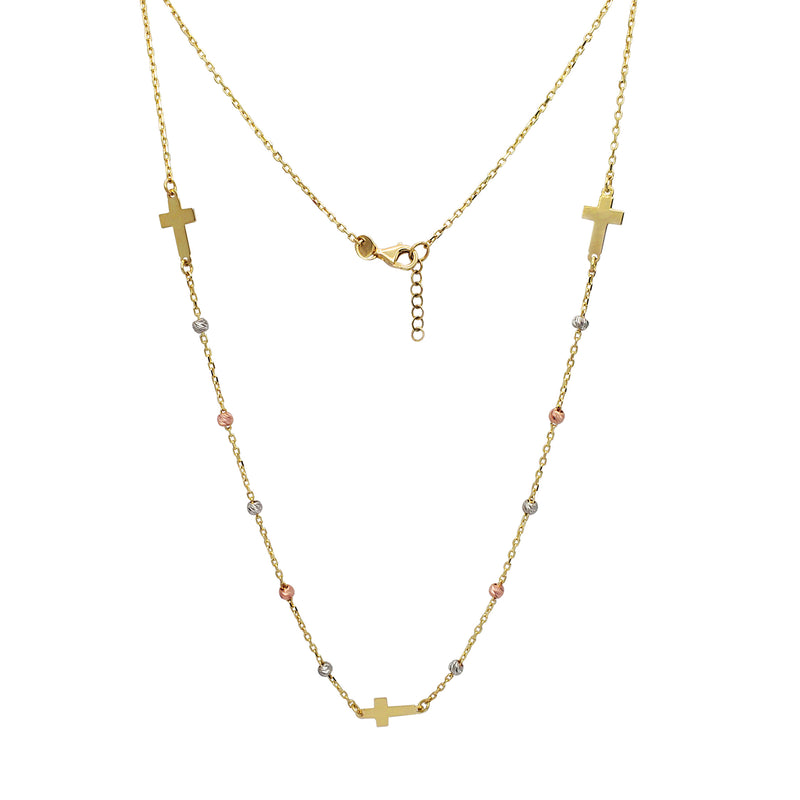 Tricolor Cross & Moon-cuts Beads Fancy Necklace (14K)