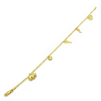 Fancy Multi Mini Figures Anklet (14K) 14 karat rumeno zlato, kocke, italijanski rog. Ključ, srčni slon, Popular Jewelry NY