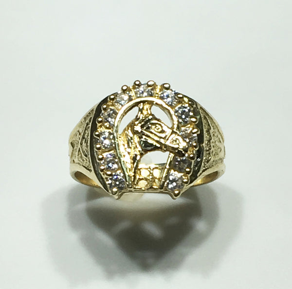 Horse Head Men's Ring 14K (CZ Horseshoe) - Popular Jewelry