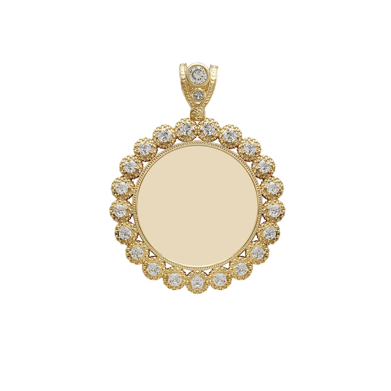 Medium Size Milgrain Budded Frame Round Medallion Picture Pendant (14K) Popular Jewelry New York